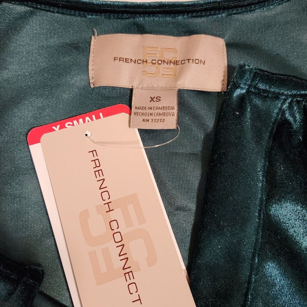 French Connection Emerald Green Velvet Short Sleeve Mini Dress XS NWT Ruffle - Picture 9 of 16